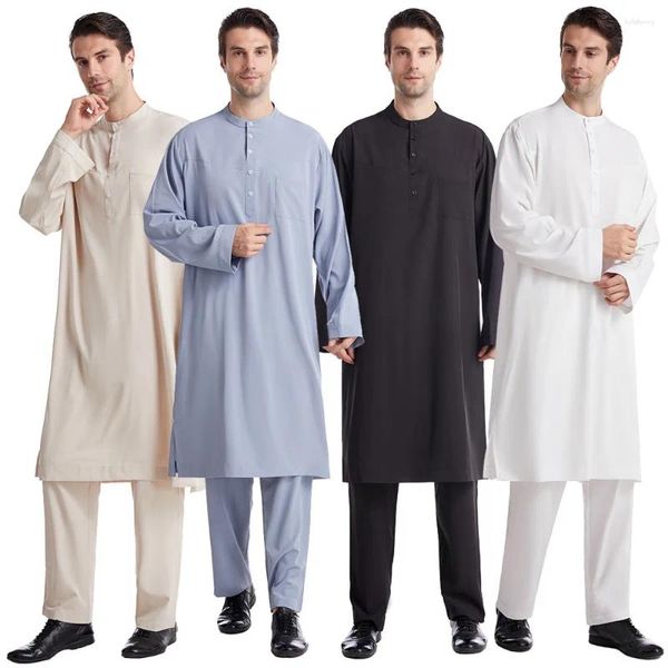 Ropa étnica Musulmán Árabe Hombres Jubba Thobe Robe Pantalones Conjunto Ropa islámica Traje Abaya Saudi Ramadán Eid Turquía Kurtas Vestido Thoub Kaftan