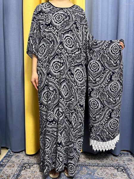 Vêtements ethniques musulman noir Abayas pour femmes 2023 été imprimé coton robe africaine Nigeria Islam Kanga avec grande écharpe en dentelle