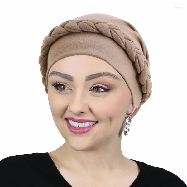 Ropa étnica Musulmán Trenzado Turbante Headwrap para mujer Pérdida de cabello Pañuelo Estiramiento Hijab Head Wrap Chemo Cap Bonnet Hat Femme Musulman