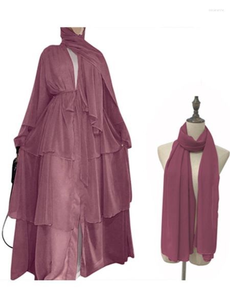 Vêtements ethniques Cardigan musulman avec écharpe Abayas Robe en mousseline de soie ouverte Abaya Dubaï Turquie Kaftan Robe décontractée Kimono Femme Caftan Islam 2 pcs