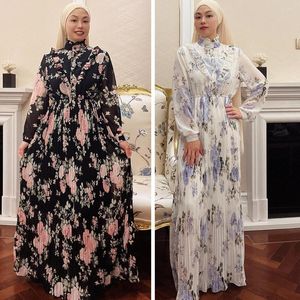 Etnische kleding moslim chiffon dames shirt jurk elegante print bloemen hoge taille casual vintage midi dames islamitische vestidos kalkoen