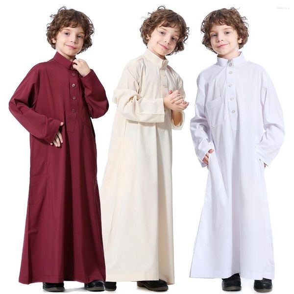 Ropa étnica Niños musulmanes Abaya Ramadán Jubba Oración Thobe Boy Vestido largo Niños Caftan Islámico Robe Stand Collar Vestido para Kaftan Dubai