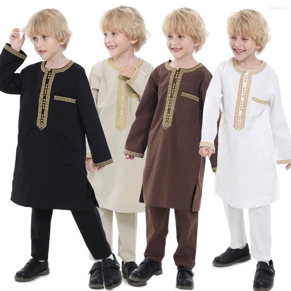 Ropa étnica Niños musulmanes Robe 2 piezas Conjunto Niños Niño Cuello redondo Manga larga Vestido impreso Camisa Abaya Kaftan Jubba Thobe Islámico