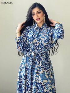 Vêtements ethniques musulman Dres rétro imprimé Abaya longue chemise robe simple bouton bouton revers maxi robe printemps été 230324