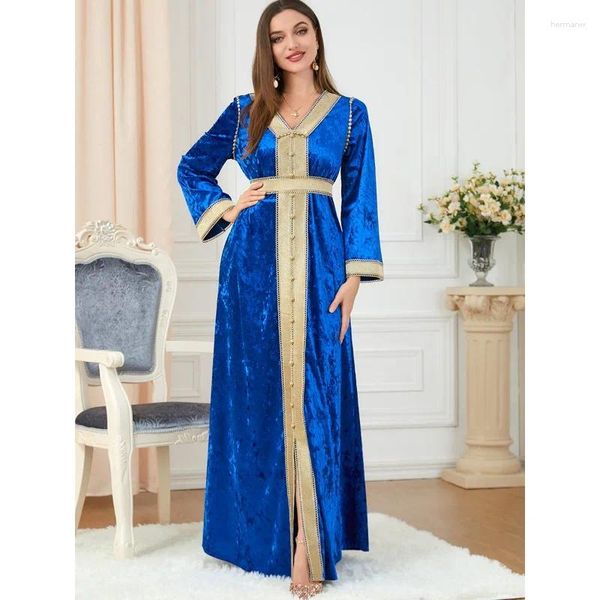 Ropa étnica Vestido musulmán Otoño 2023 Gama alta Terciopelo dorado Largo islámico para mujeres Maxi vestidos