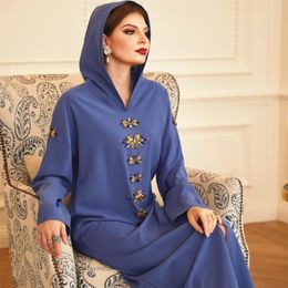 Vêtements ethniques Robe musulmane Mode Bleu-Gris Robes à capuche percées à la main Abaya Moyen-Orient Asie du Sud-Est Robes longues Turquie Dubaï