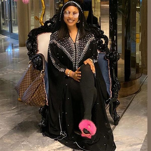 Vêtements ethniques Robe musulmane Kaftan Abaya Femmes Kimono Dubai Ouvert Abayas Pierres Turques Mousseline de Soie À Capuche Élégant Africain Plus La Taille 2247U