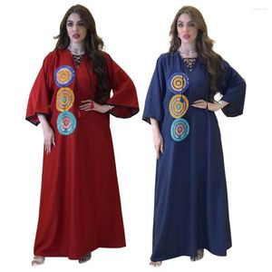 Vêtements ethniques Robe musulmane Moyen-Orient Paillettes Lâche Casual Col V-Col Robe Dubai Abaya pour femmes Kaftan Robes Arabes Y Turcos