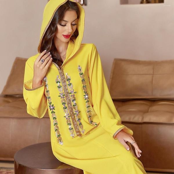 Vêtements Ethniques Robe Musulmane Femmes Diamants Jaune Vif Robes À Capuche Printemps Moyen-Orient Longue Robe De Moda Musulmana Abayas Pour Turc