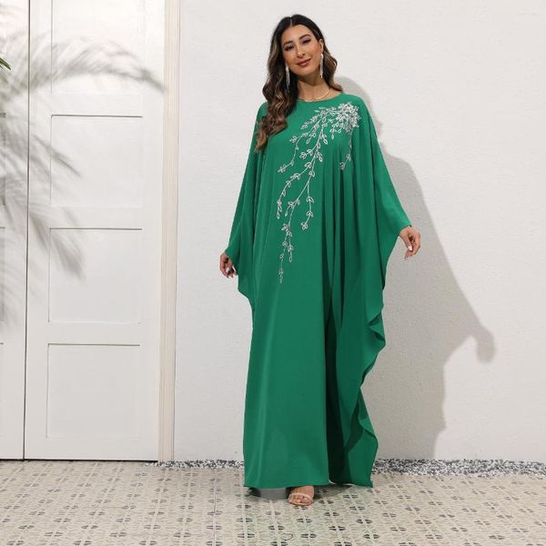 Ropa étnica vestida musulmana mujer túnica verde femme musulmane árabe elegante bordado bordado manga redonda de cuello redondo abayas para