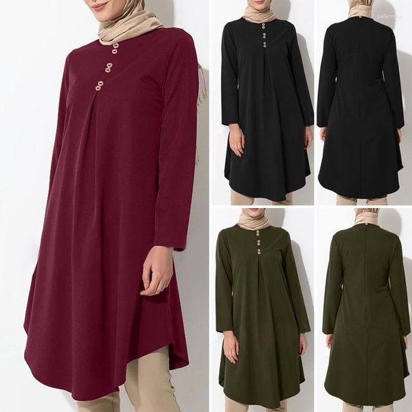 Ropa étnica, vestido musulmán, hiyab para mujer, camisa de manga larga, Maxi Vestidos, túnica con botones para mujer, vestido de verano sólido de cintura alta para mujer Musulman