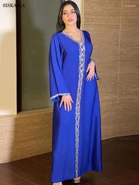 Ropa étnica Vestido musulmán Mujeres Rhinestone Color Sólido Con Cuello En V Largo Jalabya Árabe Dubai Omán Qatar Turco Abaya Marroquí Kaftan