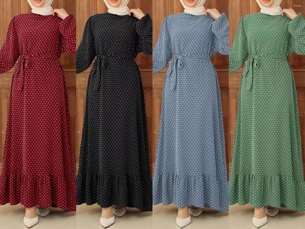 Ropa étnica Vestido musulmán Mujeres Primavera Otoño O-cuello Abaya Hijab Sundress Cintura alta Una línea de lunares Impreso Marocain Kaftan Elegante