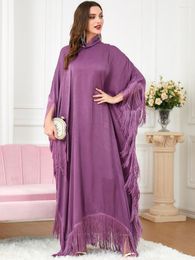 Ethnische Kleidung Muslimisches Kleid Frauen Sommer Langarm O-Ausschnitt Quaste Lila Rosa Abaya Mode