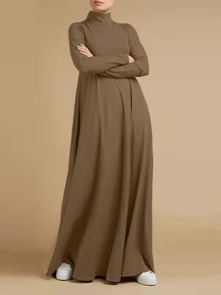 Ropa étnica Vestidos musulmanes Abayas para mujeres Vintage Sólido Maxi Vestido de mujer Cuello alto Sundress Casual Manga larga Vestidos S-5XL 230317