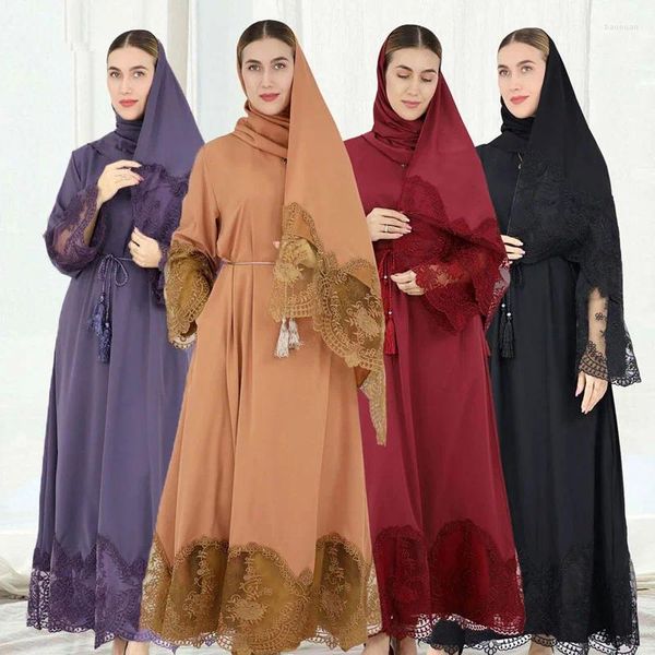 Vêtements ethniques Robes musulmanes Abayas pour femmes Vintage Solid Maxi Robe Brodée Hijab Écharpe Abaya Kaftan Ramadan Robe À Manches Longues