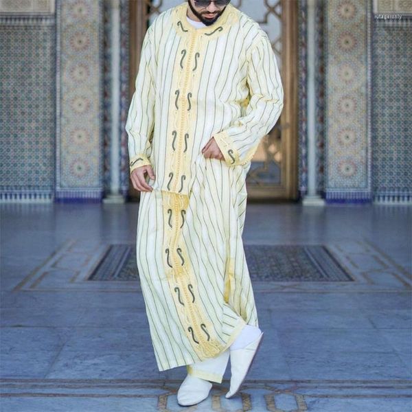 Ropa étnica Vestidos musulmanes para hombres Camisa a rayas de manga larga Kaftan Thobe Robe Vestido recto