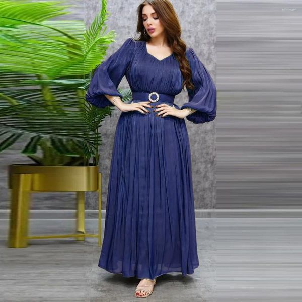 Ropa étnica Musulmán Dubai Vestido con cuello en V Mangas largas Una línea con cinturón Seda brillante Satén Multicolor Árabe Medio Oriente Mujeres