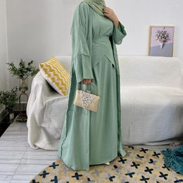 Etnische kleding moslim eid islamitische 3 -delige matching set voor vrouwen bescheiden maxi jurk wrap tie rok solide open kaftan dubai abaya turkish