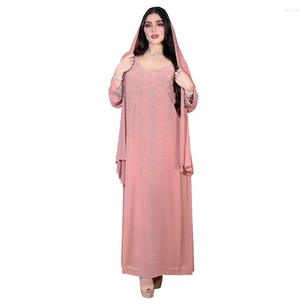 Vêtements ethniques musulman élégant manches longues col en V bleu rose diamants robe de soirée maxi mode abaya 2024