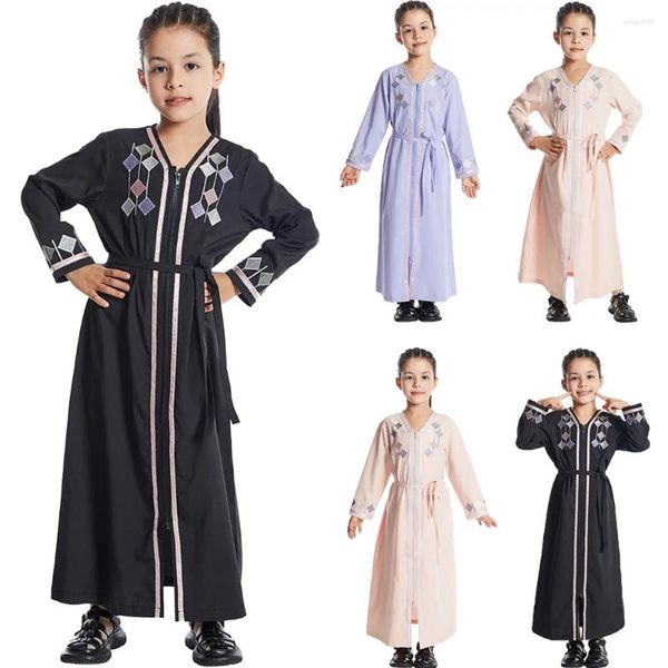 Ropa étnica Bordado musulmán Niñas Oración Maxi Vestido Abayas Árabe Niños Manga larga Robe Islam Marruecos Kaftan Vestido para niños Ramadán