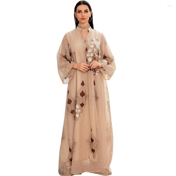 Vêtements ethniques Robe de soirée musulmane Paillettes Broderie Manches longues Abaya pour femmes Ramadan Mesh Robes de soirée élégantes Real Pos