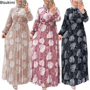 Vêtements ethniques mode musulmane abaya robe lâche femmes caftan islamic rétro de feuilles imprimées plissées de longues jupes