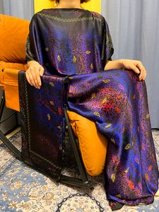 Vêtements Ethniques Mode Musulmane Abayas Pour Femmes 2023 Violet Imprimer À Manches Courtes En Soie Jilbab Africain Traditionnel D'été Femme Robes Avec Turban 230613
