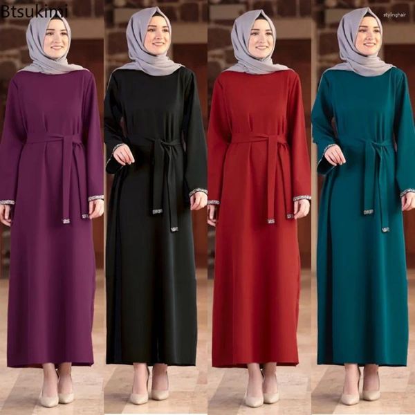 Vêtements ethniques Abayas de mode musulmane pour femmes Robe longue élégante avec ceinture Dubaï Arabe à manches décontractées robe caftan dames islamic