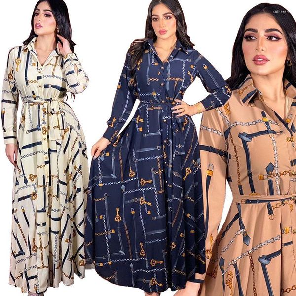 Ropa étnica Moda musulmana para mujeres Verano Estilo modesto Delgado Manga larga Cintura alta Cordones Camisas Vestidos Abaya Vestido de damas