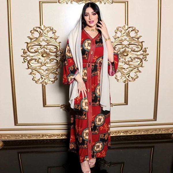 Ropa étnica Moda musulmana Kaftan Dubai Abaya Turquía Hijab Vestido largo de fiesta con estampado de mujer Pijamas rojos Túnica islámica de Oriente Medio
