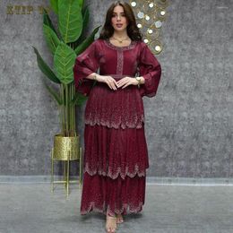 Ropa étnica Moda musulmana Kaftan Marroquí Dubái Árabe Vestido de noche con gasa de diamante Oriente Medio Falda de pastel de verano Islam Abaya