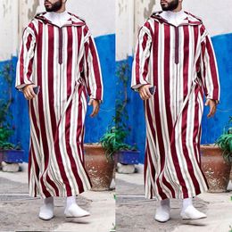 Etnische Kleding Moslim Mode Mannen Jubba Thobe Hoodie Abaya Ramadan Lente Herfst Dubai Turkije Islamitische Mannelijke Toevallige Losse Rode Streep