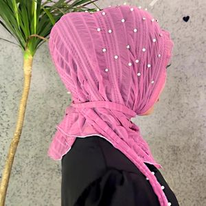 Vêtements ethniques Mode musulmane Perles Perles Dentelle plissée Instant Hijab Femme Head Wraps Mousseline Mince Foulard Bonnet Écharpe Turban Cap