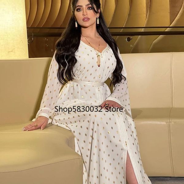 Ropa étnica Moda musulmana Conjunto de vestido de dos piezas para mujer Ramadán Eid Jalabiya Punto blanco Sello dorado Dubái Kaftan árabe marroquí