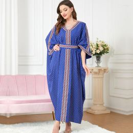 Etnische kleding moslim mode vrouwen contrast dot print lint vleermuis mouw losse jurk abayas voor vrouwen Vestidos arabes Dubai kaftan