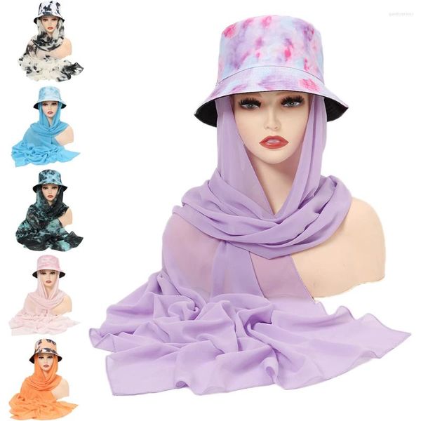 Ropa étnica Moda musulmana Mujeres Hijab con sombrero de cubo Bufanda de gasa Listo para usar Pañuelo instantáneo Chales Wrap Turbante Headwear Bandana