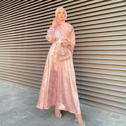 Etnische Kleding Moslim Mode Vrouwen Islamitische Hijab Jurk Ballon Mouw Jacquard Weave Zijdeachtig Abaya Dubai Turkije Arabisch Afrikaanse Jurken Kaftan 230630