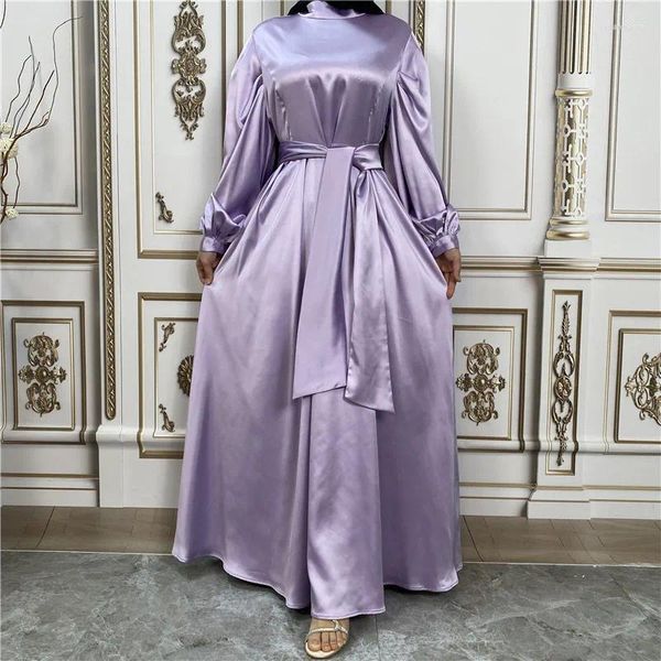 Ropa étnica Moda musulmana Mujeres Vestido de satén islámico Hijab Árabe Plain Abaya Dubai Manga de globo con cinta Ramadán Eid Turco