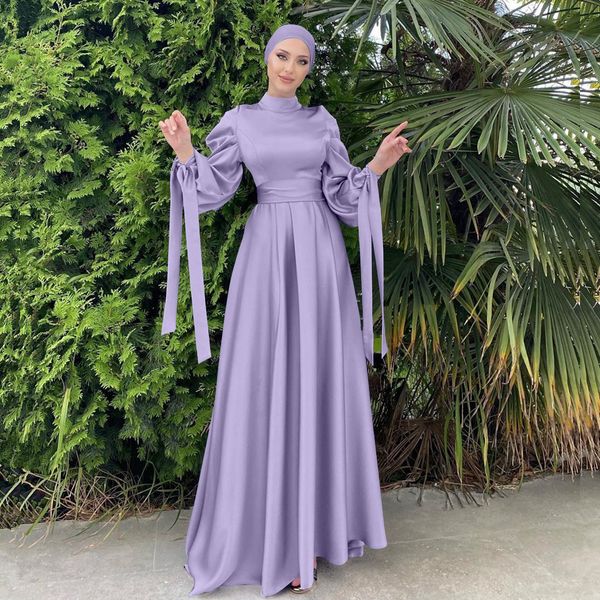 Vêtements ethniques Mode musulmane Femmes Robe en satin islamique Hijab Arabe plissé Abaya Dubaï manches ballon avec ruban Eid Mubarak robes turques 230620