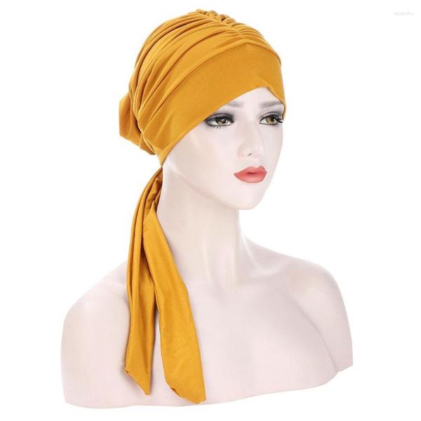 Ropa étnica Moda musulmana Mujeres Ruffled Turban Cap Tie Back Interior Hijab Caps Long Tail Bonnet Femme Musulman Headwear Hair Loss Hat