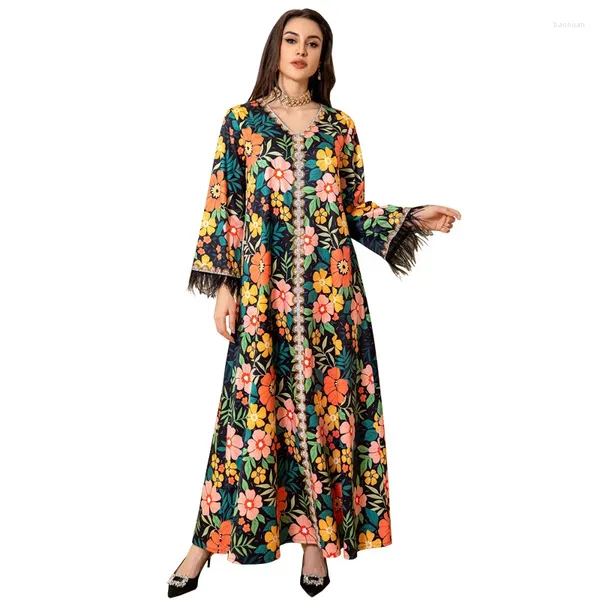 Ropa étnica Musulmán Moda Robe Impreso Diamante Pluma Mangas largas Medio Oriente Dubai Fiesta de lujo Vestidos de noche