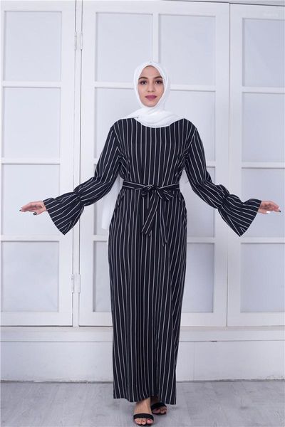 Vêtements ethniques robe de fille musulmane mode arabe femmes rayé trompette manches Abaya turquie dubaï longue