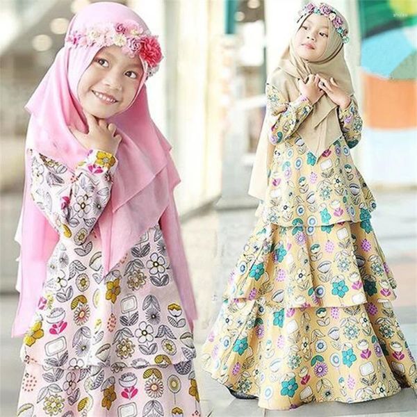 Vêtements ethniques Filles musulmanes Fleurs Robe de prière Hijab Abaya Robe Arabe Dubaï Enfants Ramadan Ensemble Enfants Kaftan Foulard Islamique Eid Robe