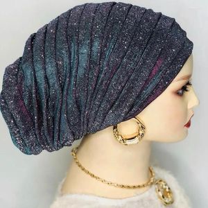 Vêtements ethniques Musulman Foulard Chapeau Turbante Mujer Africain Headpiece Glitter Full Body Plissé Turban Cap Pour Femmes 2024 Lady Head Wraps