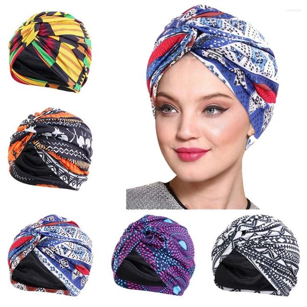 Ropa étnica Musulmán Hijab Bufanda Twist Turban Caps para mujeres Forro de satén Chemo Cap Plegable Estiramiento Pañuelos torcidos Head Wrap Banadan