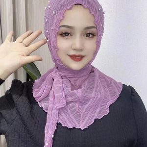 Vêtements ethniques Musulman Hijab Couleur unie Perlé Arabe Malaisie Femmes Perle Doux et facile à porter Foulard turc