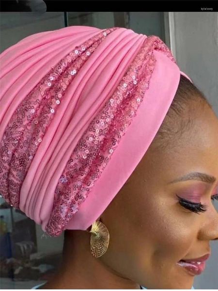 Ropa étnica Musulmán Hijabs African Headtie Shimmer Lentejuelas Sombrero plisado Nigerian Ladies Head Wrap Chemo Caps Twisted Turban Mujeres Auto Gele