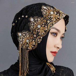 Ropa étnica Musulmanes Hijabs Turbantes Para Mujeres Bordado de Lujo Islámico Underscarf Caps Soft Lace Beanie Malasia Jacquard Tassles Head