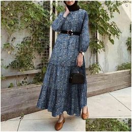 Vêtements ethniques Muslim Islam Fashion Print Femmes Dubaï Middle East Femme Dreess avec ceinture Eid Ramadan Lady Robe S Arabie Dro Dhqna